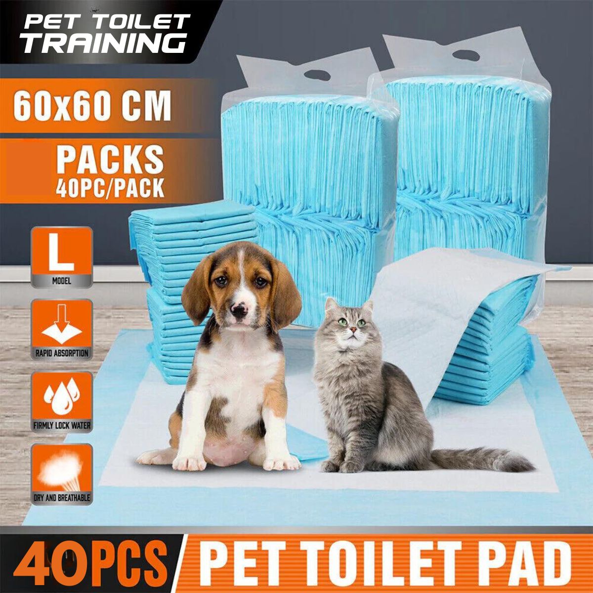 (40 Pack) Pet Toilet Training Pads | 60x60cm Super Absorbent | Leak-Proof & Odour Neutralising - South East Clearance Centre
