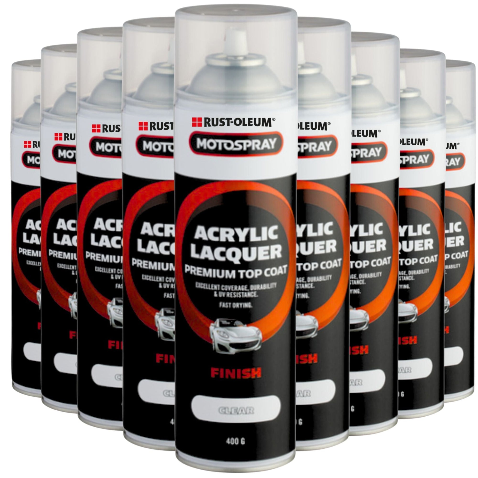 RUSTOLEUM TCC400 Motospray Premium Top Coat Clear Acrylic Lacquer 400g | GLOSS CLEAR (12 CANS) - South East Clearance Centre