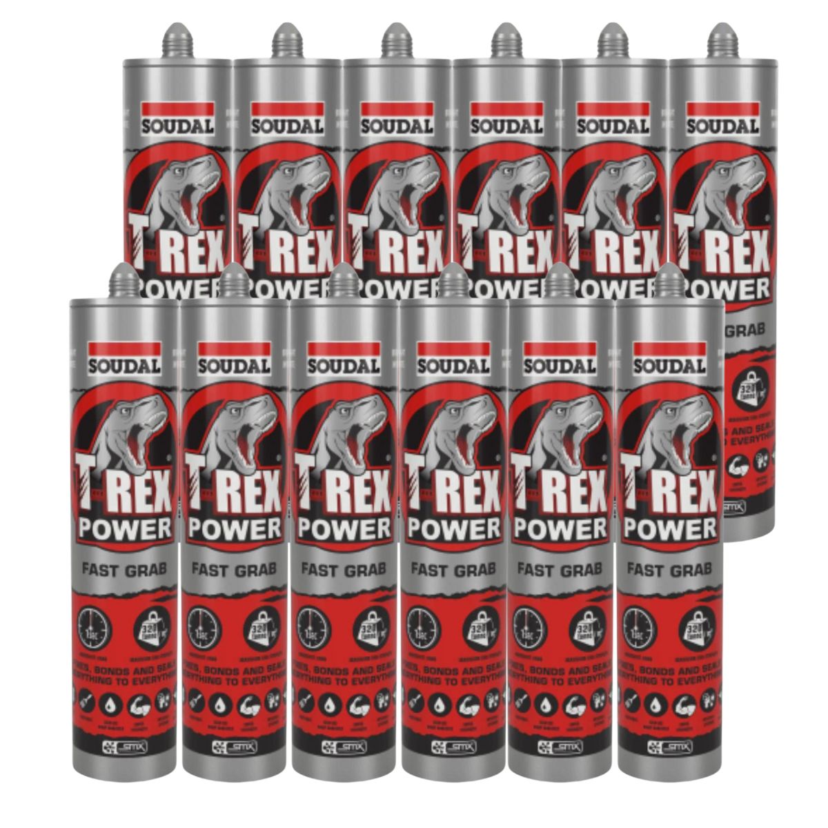 Soudal 121968 T-Rex Power Fast Grab 290ml SMX® Polymer Sealant Adhesive Bright White (Box of 12) - South East Clearance Centre