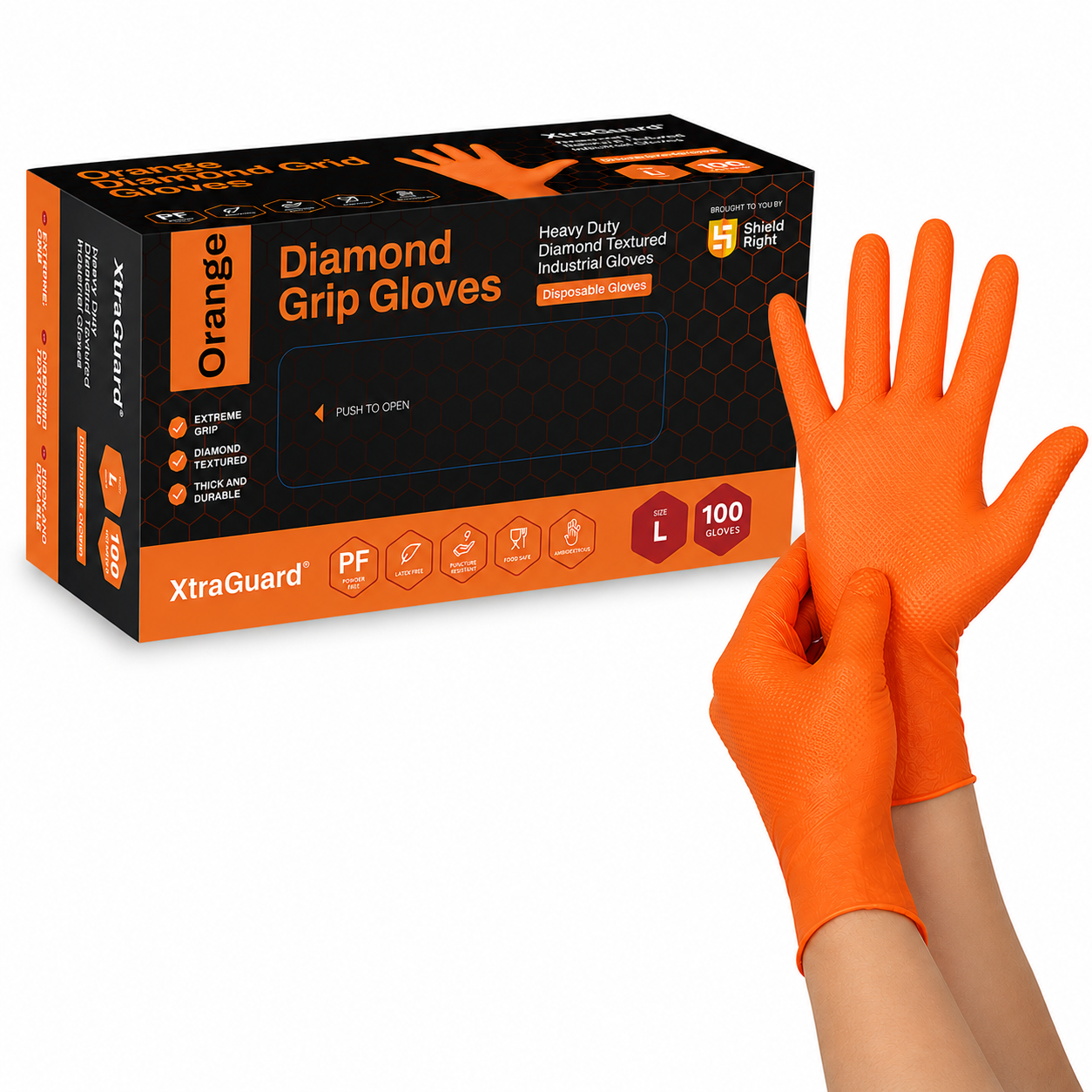Shield Right XtraGuard Orange Diamond Grip Gloves – Ultra-Tough Heavy-Duty Nitrile Gloves (Box of 100)