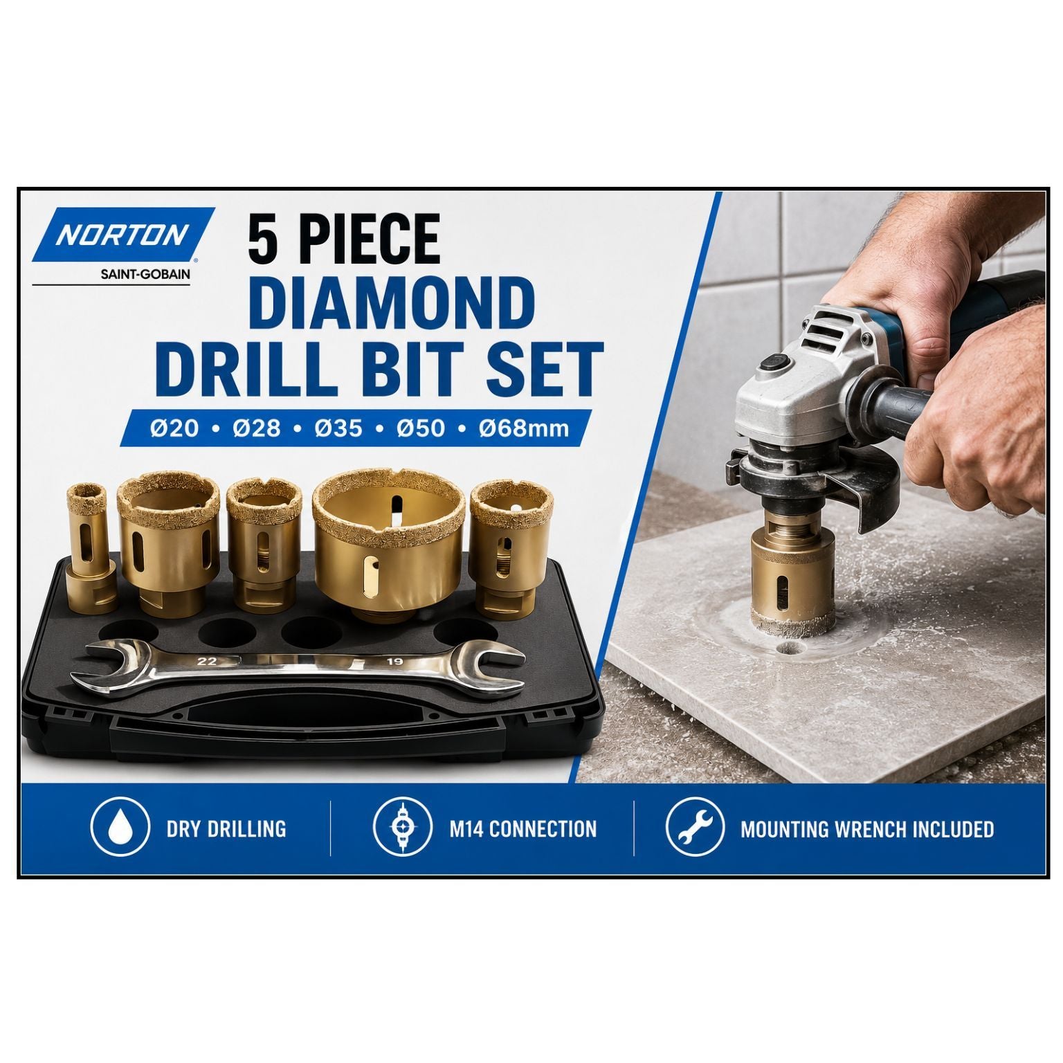 Norton Pro Ceram VB Dry Diamond Drill Bit Set – 5 Piece 20–68mm