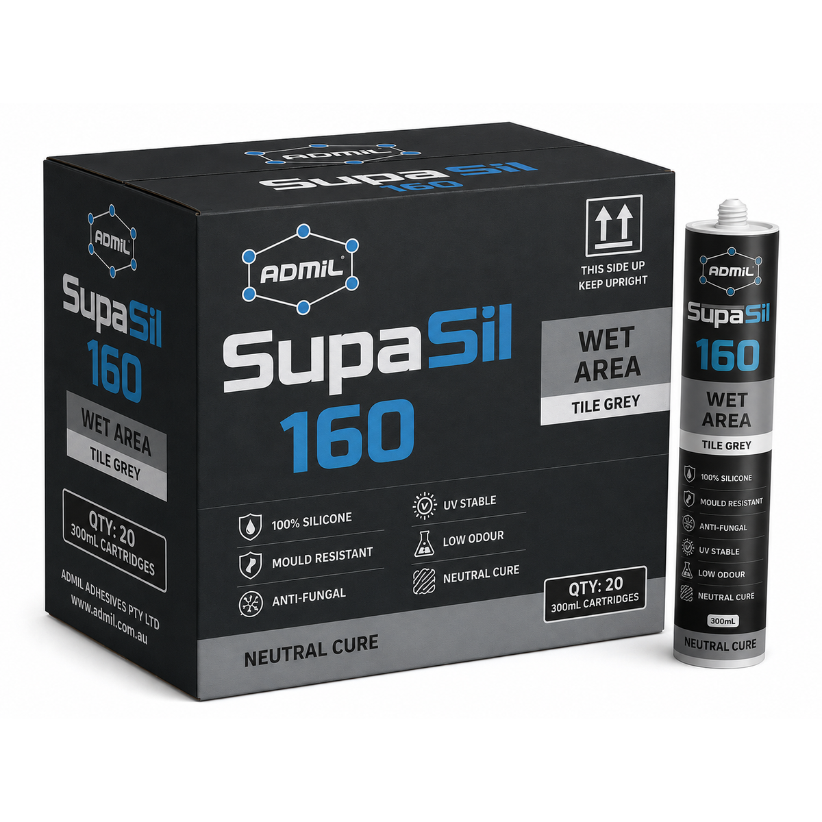 Admil SupaSil 160 Wet Area Silicone Sealant 300ml Neutral Cure – Box of 20 (Tile Grey)