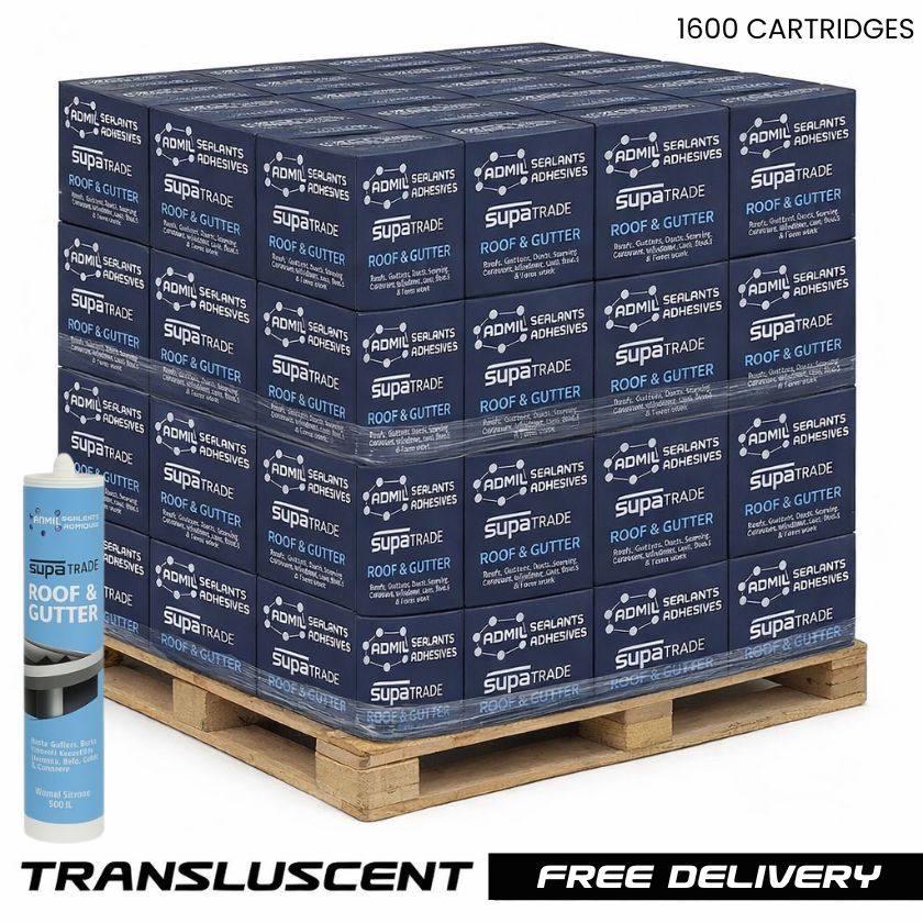 (PALLET OF 1600 CARTRIDGES) – Admil SupaTrade Roof & Gutter Silicone (Translucent) 300ml Cartridges - South East Clearance Centre