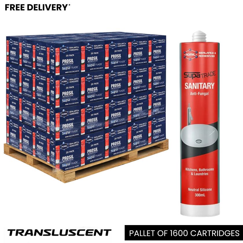 (Pallet of 1600 Cartridges) Admil SupaTrade Sanitary Kitchen Bathroom and Laundry Silicone - Transculent Clear 300mL - South East Clearance Centre