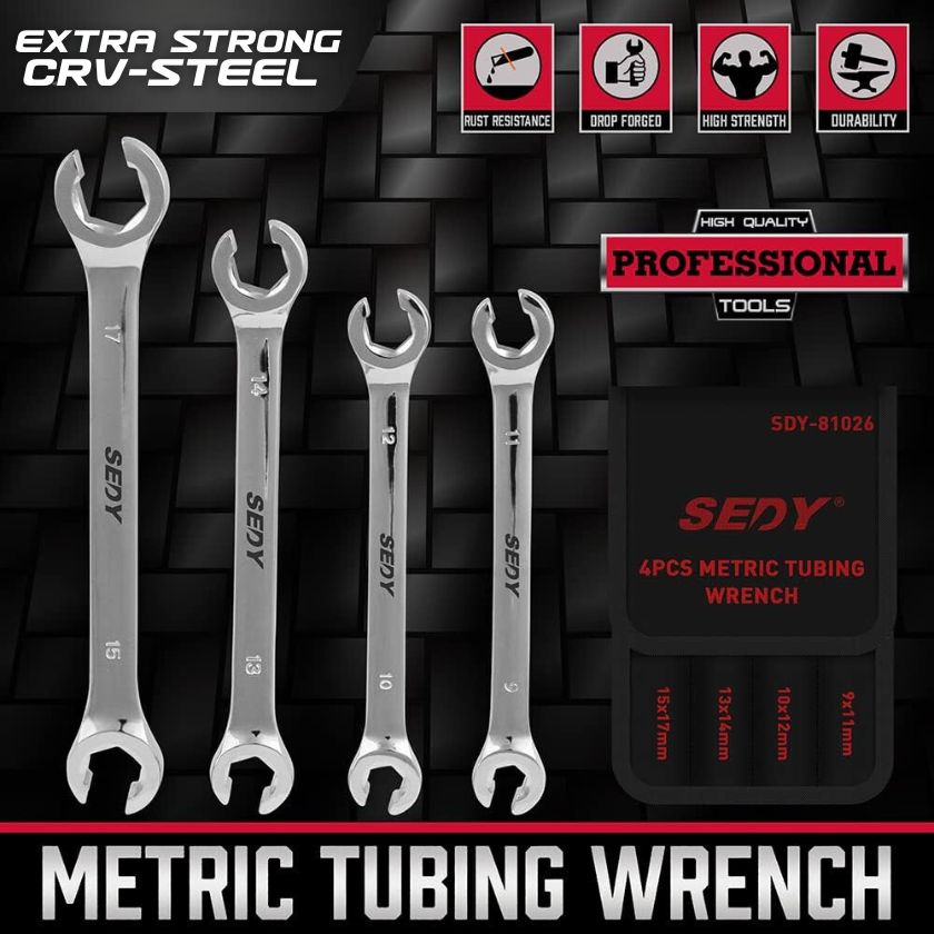 4 Piece Flare Nut Tubing Wrench Set, Metric, Offset End Spanners - South East Clearance Centre
