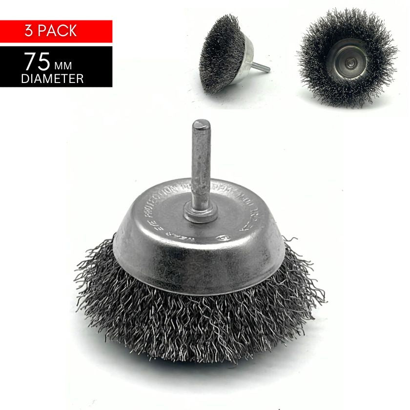 (3 Pack) Crimp Wire Spindle Mounted Cup Brush (75mm) - South East Clearance Centre