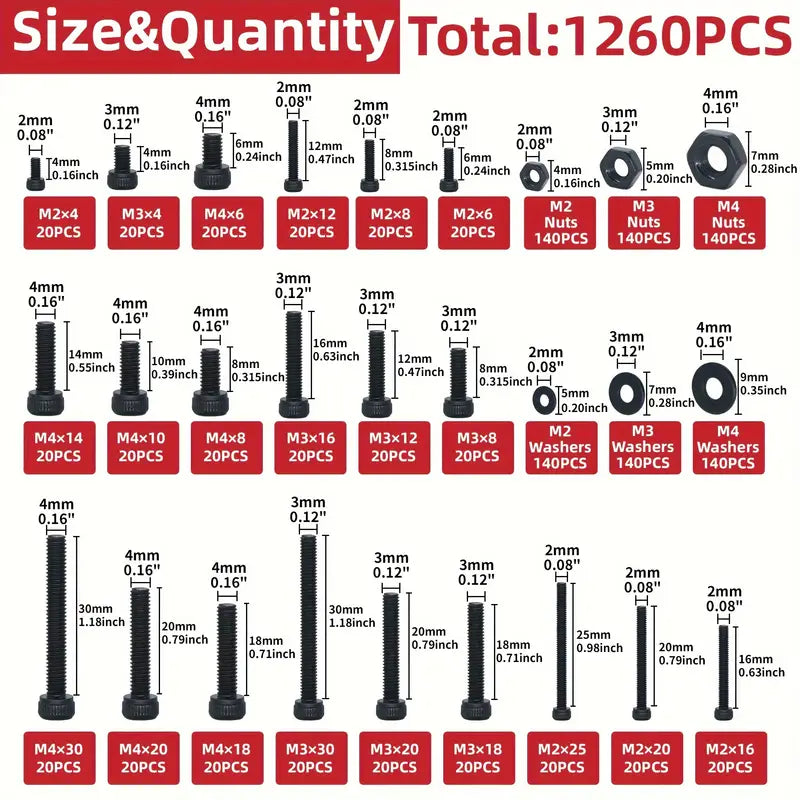 1260 Piece Carbon Steel Metric Bolts and Nuts Kit, Grade 12.9 Hex Socket Head Cap Screws, Hexagonal Nut Assortment with Flat & Lock Washers Assortment Kit - South East Clearance Centre