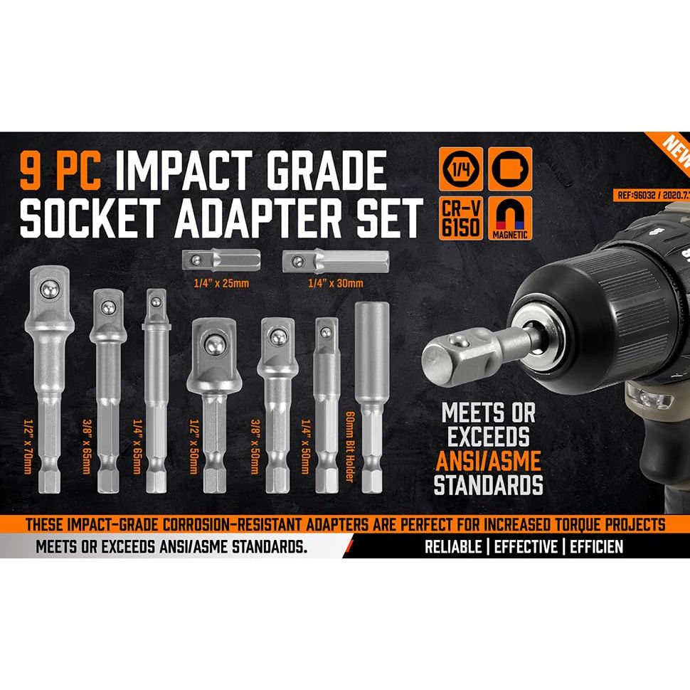 9-Piece Power Drill Socket Adapter Extension Set, 1/4" 3/8" and 1/2" Impact Driver Hex Shank, CrV Steel Drill Bit Extension Set with Magnetic Bit Holder - South East Clearance Centre