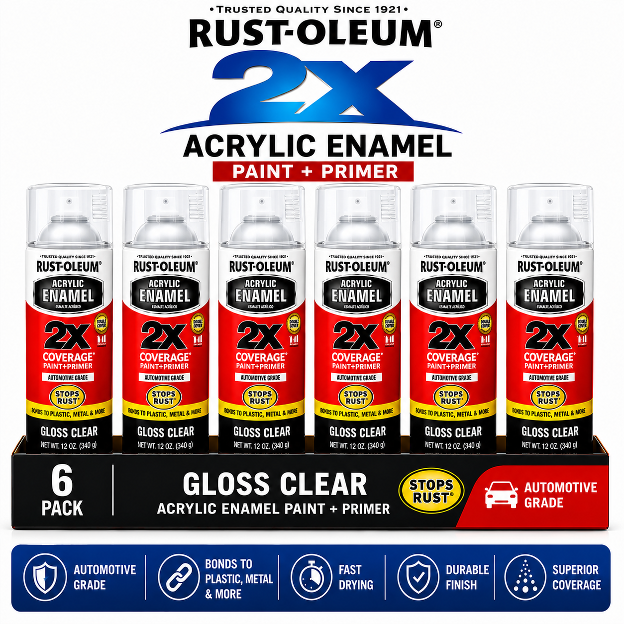 Rust-Oleum 2X Automotive Acrylic Enamel Paint + Primer – 340g (6 Pack)