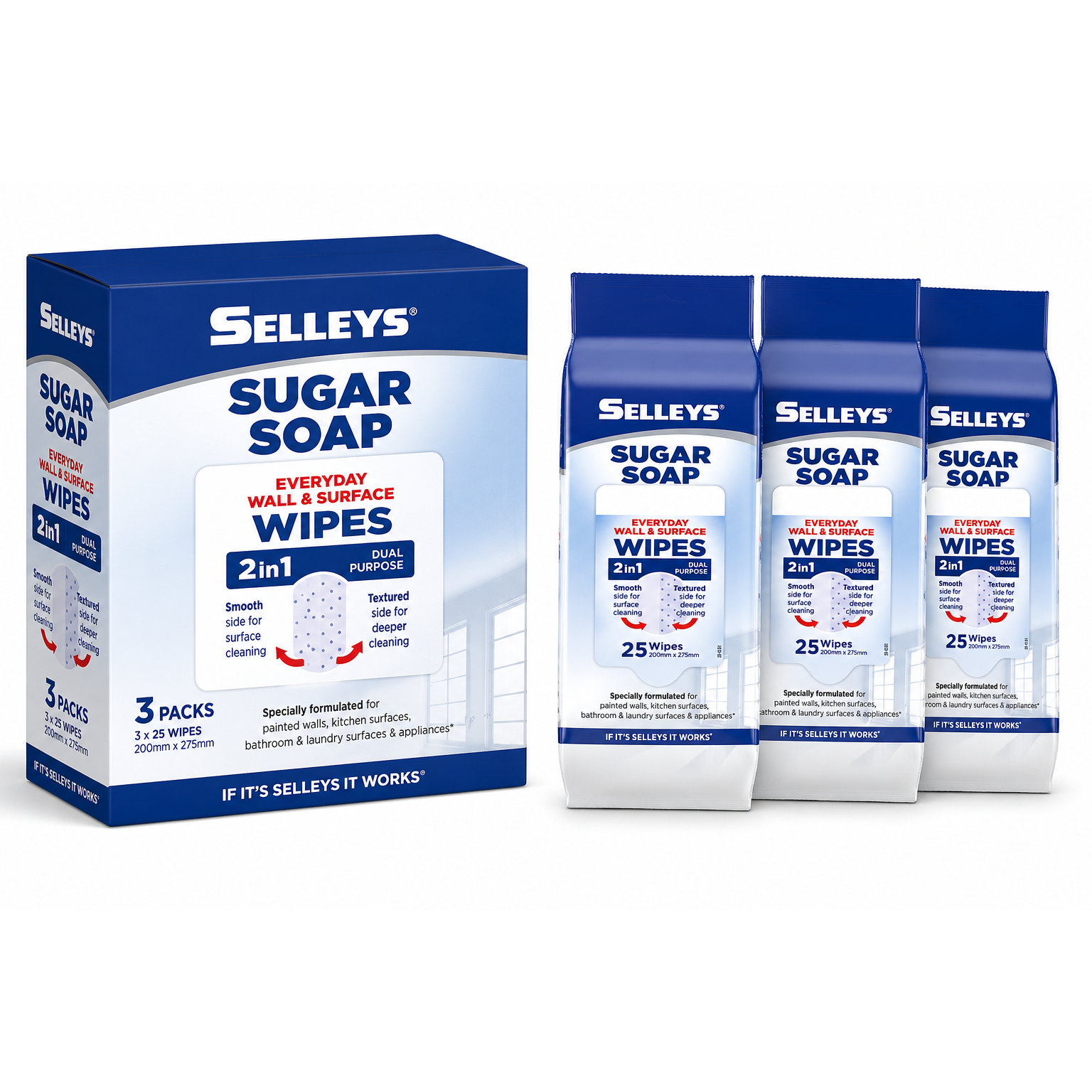 Selleys Sugar Soap Everyday Wall & Surface Wipes 2-in-1 Dual Purpose (25 Wipes – 3 Pack)