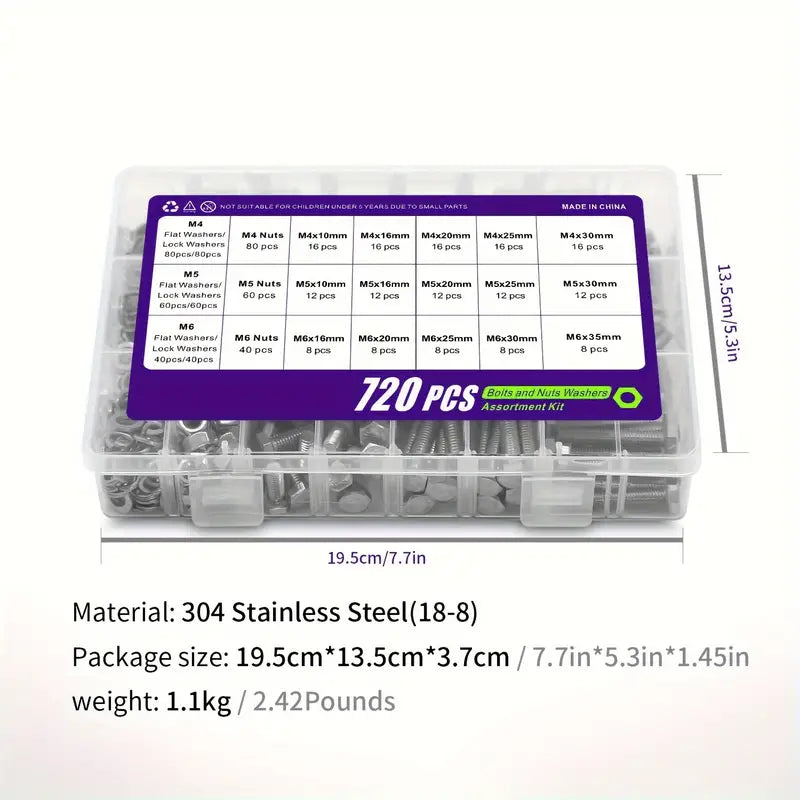 720 Piece Stainless Steel Bolts, Nut & Washer Assortment Kit, M4, M5, M6 - South East Clearance Centre