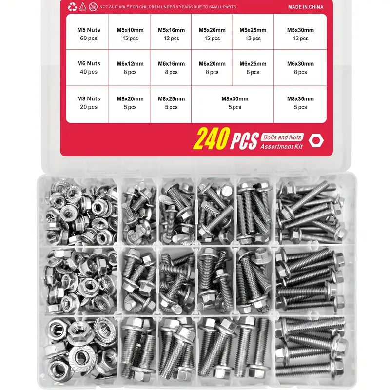 240 Piece Stainless Steel Hex Flange Bolt Trim & Nut Set Assortment Kit - South East Clearance Centre