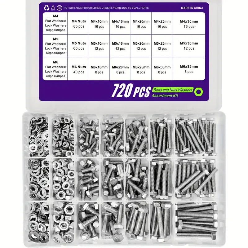 720 Piece Stainless Steel Bolts, Nut & Washer Assortment Kit, M4, M5, M6 - South East Clearance Centre
