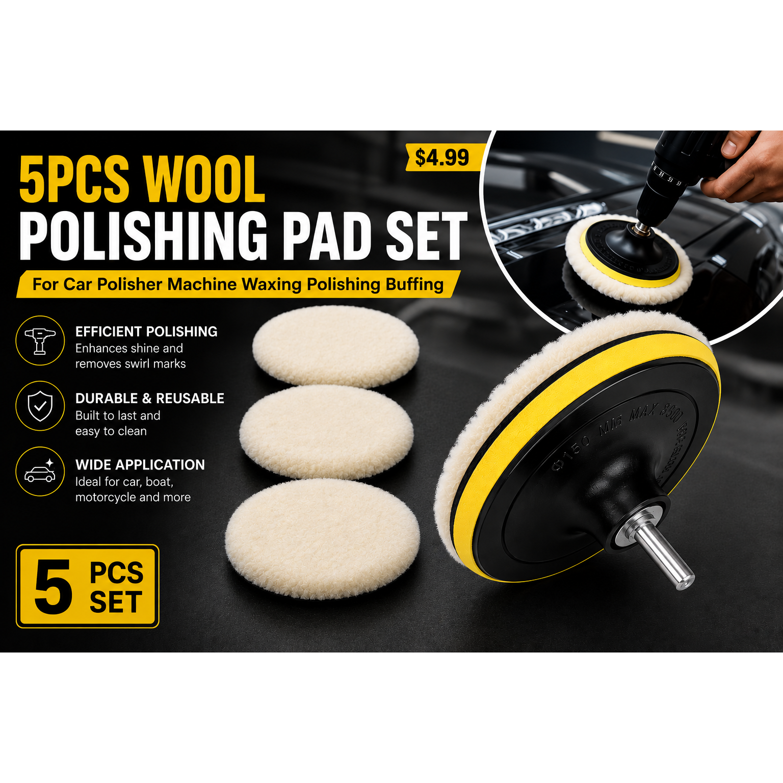 5 Piece - 5" Wool Polishing & Buffing Pad Kit | Hook & Loop Backing Pad with M14 to 6mm Drill Adapter
