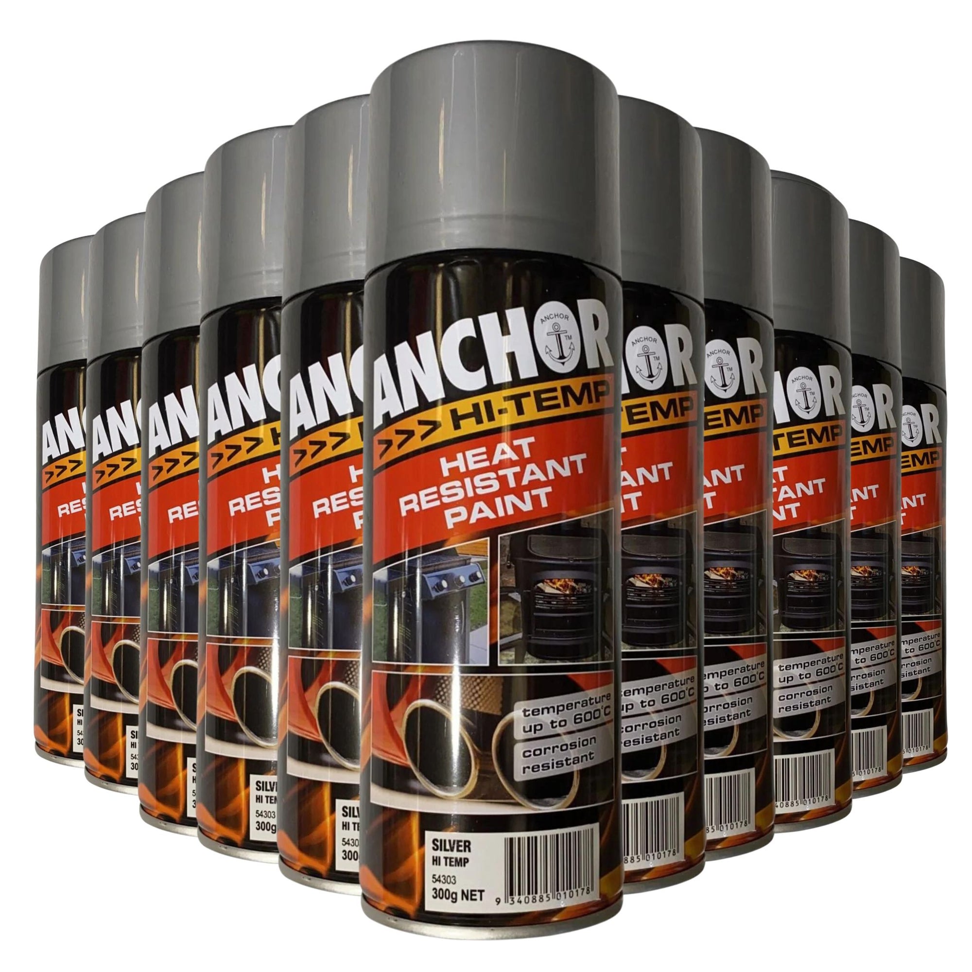 12 Cans | ANCHOR Hi Temp Heat Resistant Paint Up to 600° 54303 | 300g - SILVER - South East Clearance Centre