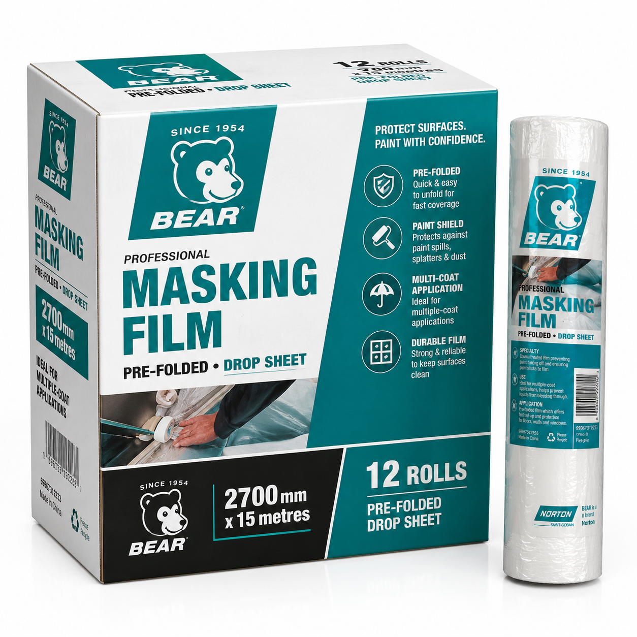 Norton BEAR Professional Masking Film Drop Sheet 2700mm x 15m – (12 Rolls)