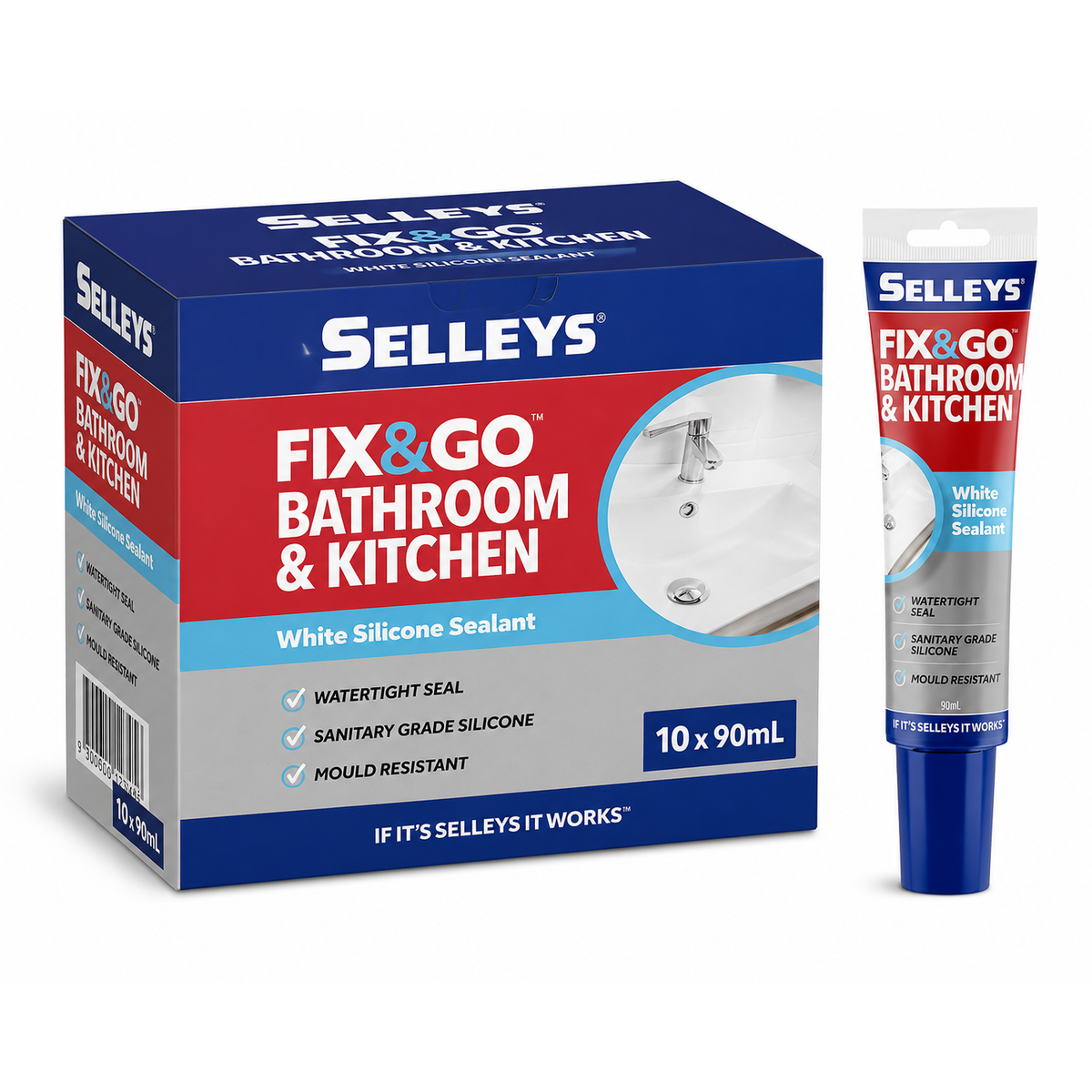 (10 Pack) Selleys Fix&Go Bath and Kitchen White Silicone Sealant 90mL