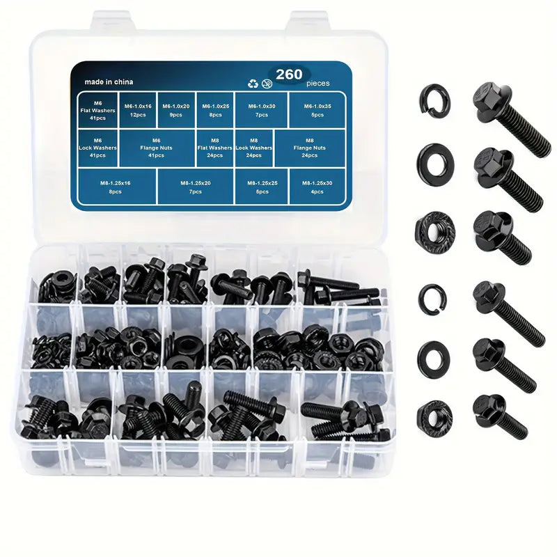 260 Piece High Strength Black Carbon Steel Flanged Hex Head Screw & Bolt Assortment Kit, M6-M8 - South East Clearance Centre