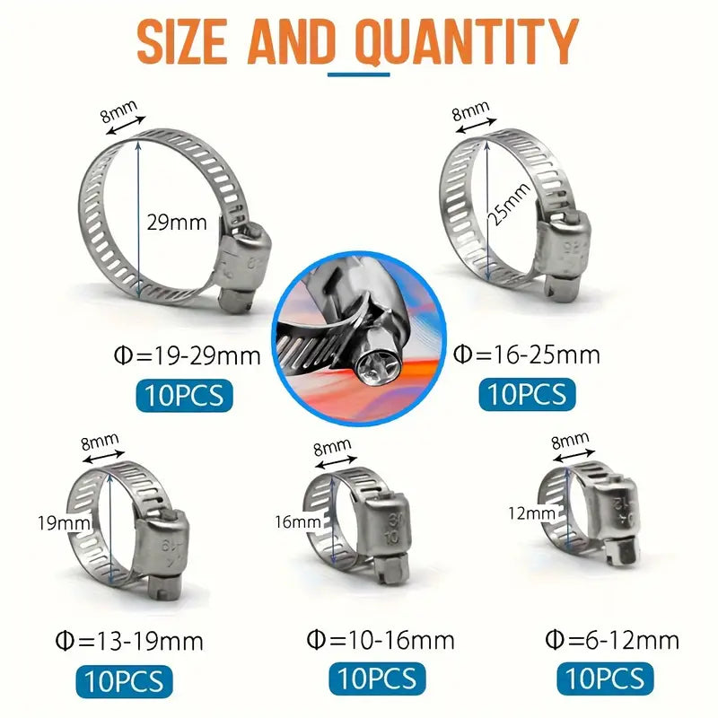 50 Piece Stainless Steel Hose Clamp Assortment Kit - South East Clearance Centre