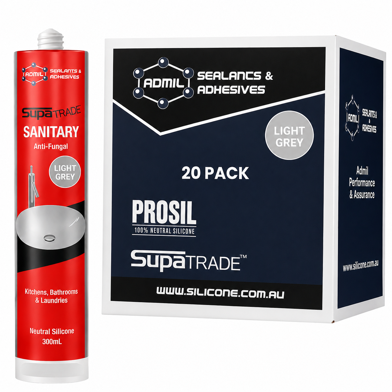 Admil SupaTrade Sanitary Kitchen Bathroom and Laundry Silicone - LIGHT GREY 300mL (20 Pack)