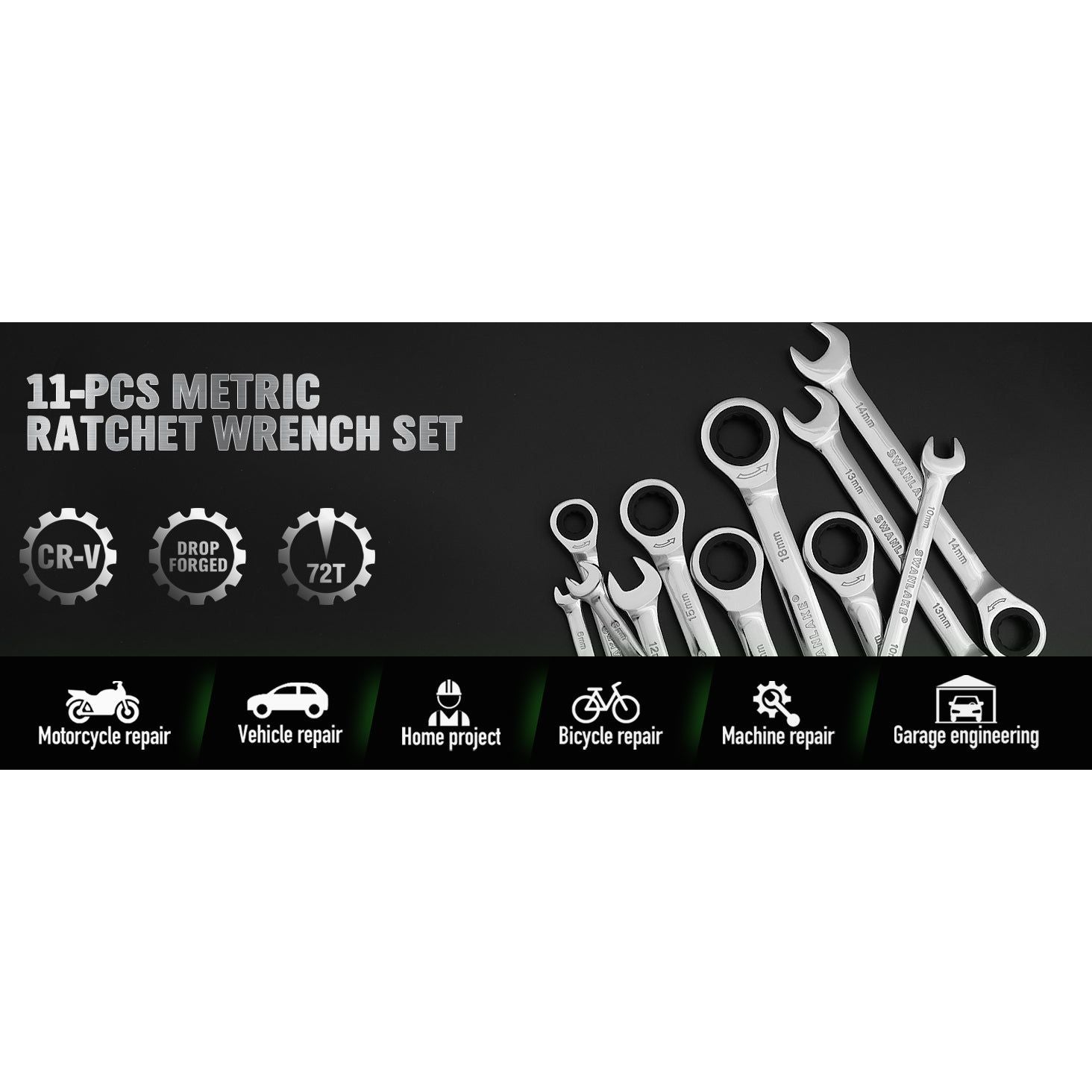 Ratcheting Wrench Set, 11-piece Metric Combination Wrench Set with Pouch CR-V Steel (11PCS METRIC) - South East Clearance Centre
