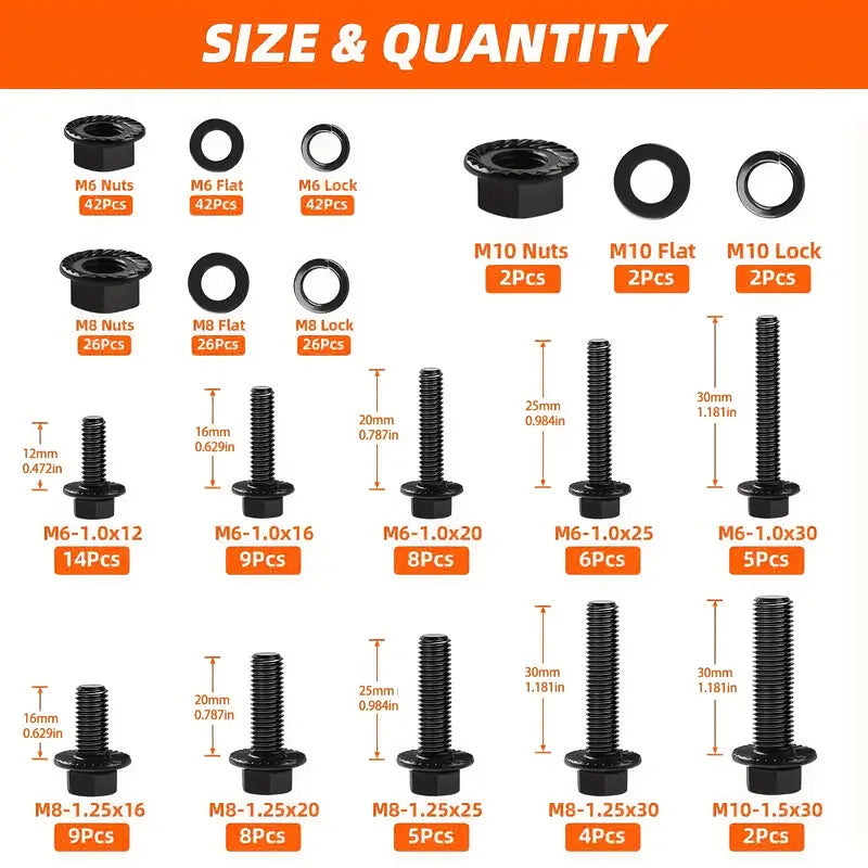 280-Piece Metric Flange Bolt Assortment Kit (M6 / M8 / M10 – 10.9 Grade Black) - South East Clearance Centre