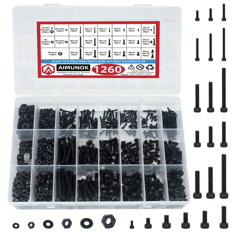 1260 Piece Carbon Steel Metric Bolts and Nuts Kit, Grade 12.9 Hex Socket Head Cap Screws, Hexagonal Nut Assortment with Flat & Lock Washers Assortment Kit - South East Clearance Centre