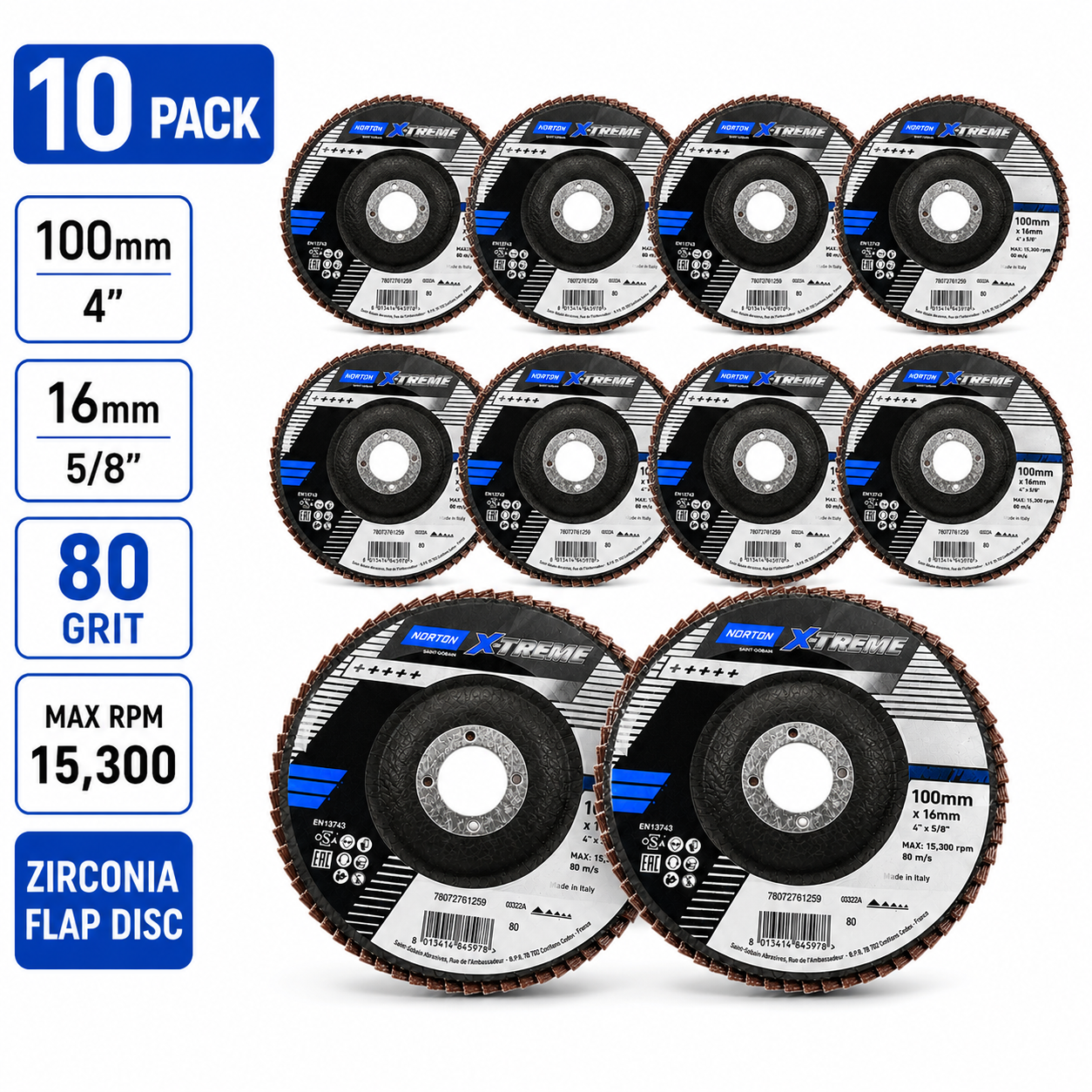 Norton X-Treme Zirconia Flap Disc 100mm x 16mm 80 Grit – Pack of 10