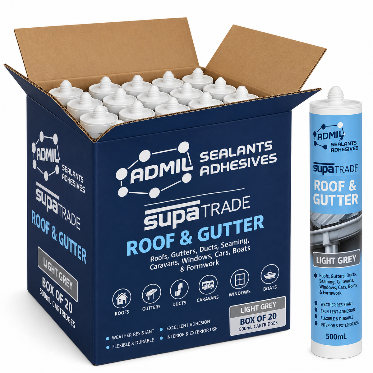 Box of 20 – Admil SupaTrade Roof & Gutter Silicone (Light Grey) 300ml Cartridges