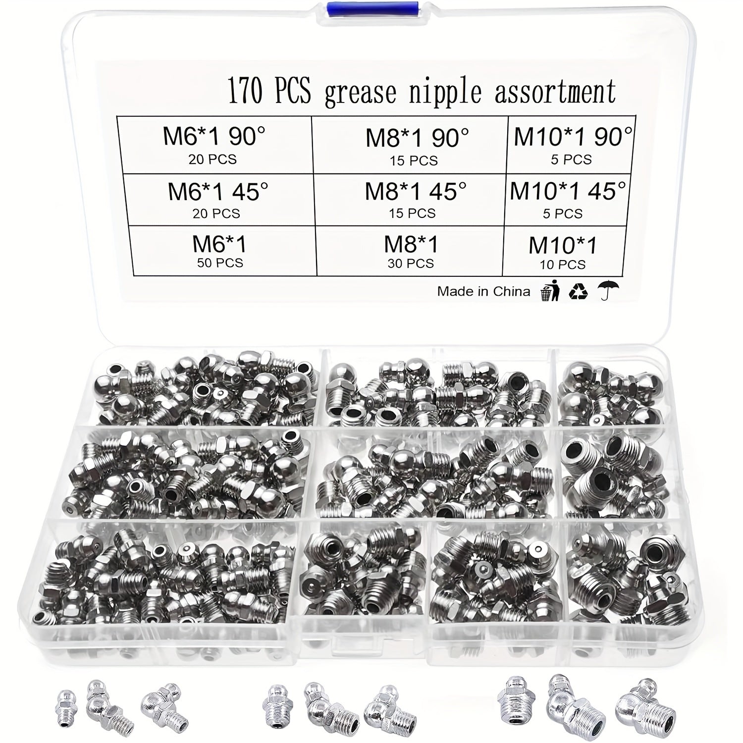 170-Piece Grease Nipple Assortment Kit – Metric M6 M8 M10 Straight, 45° & 90° Angled Nickel-Plated Grease Fittings with Storage Box - South East Clearance Centre