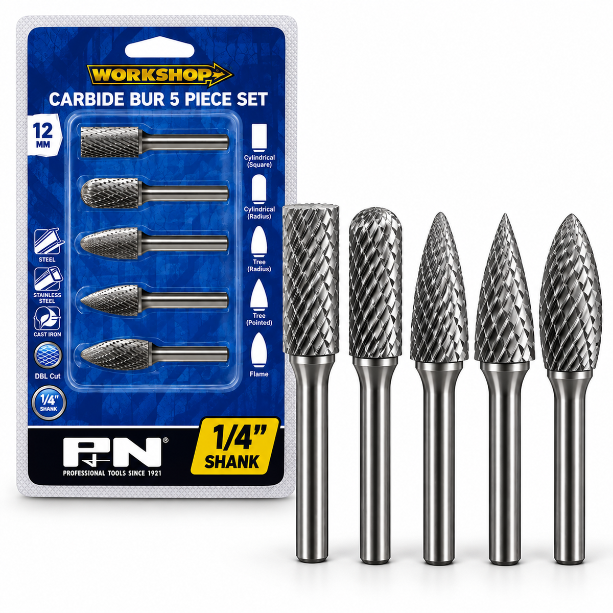 P&N Workshop Bur Set 5Pce 1/4″ Shank Double Cut VHM Bright – 918CRSET5S