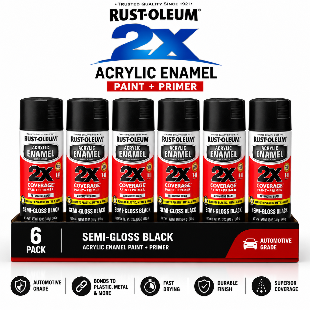 Rust-Oleum 2X Automotive Acrylic Enamel Paint + Primer – 340g (6 Pack)
