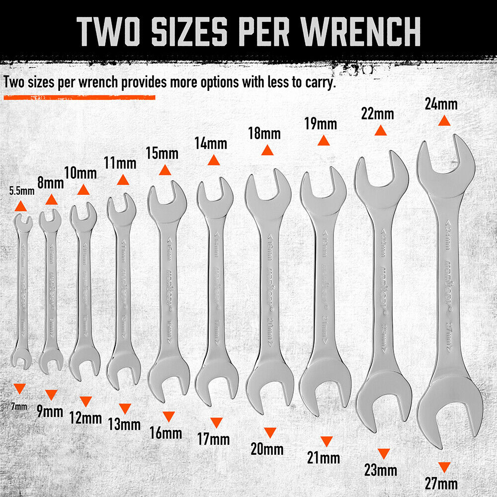 19 Piece Super-Thin Open End Wrench Set with Rolling Pouch, Imperial & Metric, 1/4" to 1-1/16" and 5.5mm to 27mm Slim Spanner Wrench Set - South East Clearance Centre