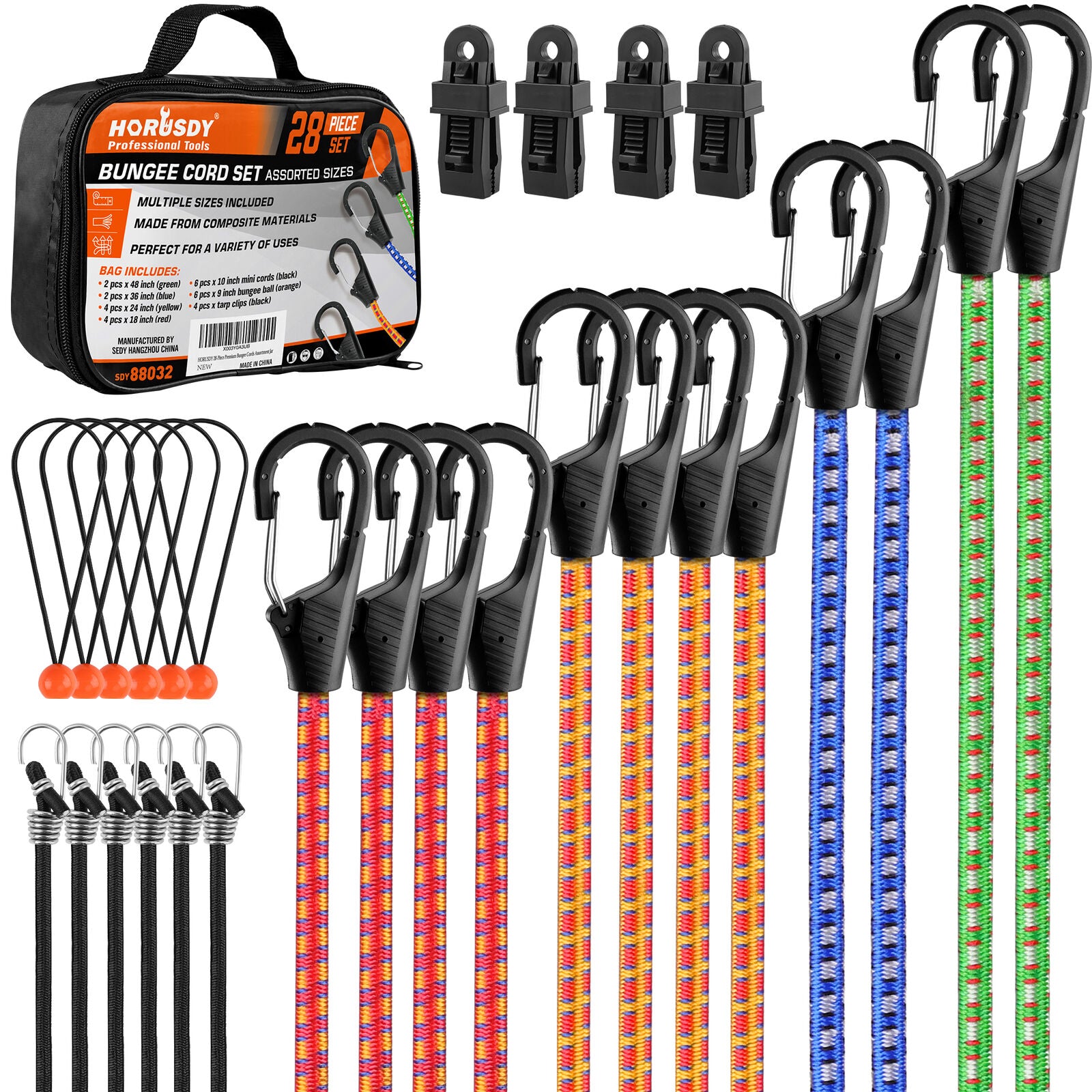 28Pc Bungee Cord Set Outdoor Tarp Clips Canopy Ties & Ball Bungees Organizer Bag - South East Clearance Centre