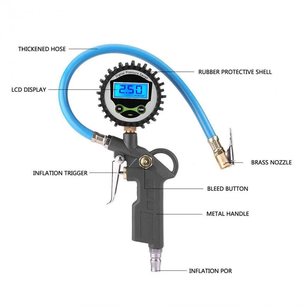 Digital Tire Inflator Pressure Gauge Car Air Line Tyre Pump Compressor 0-220 PSI - South East Clearance Centre