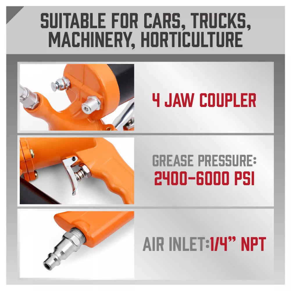1/4" NPT Air Grease Gun Pneumatic 2400-6000PS Flexible Hose Extension Included - South East Clearance Centre