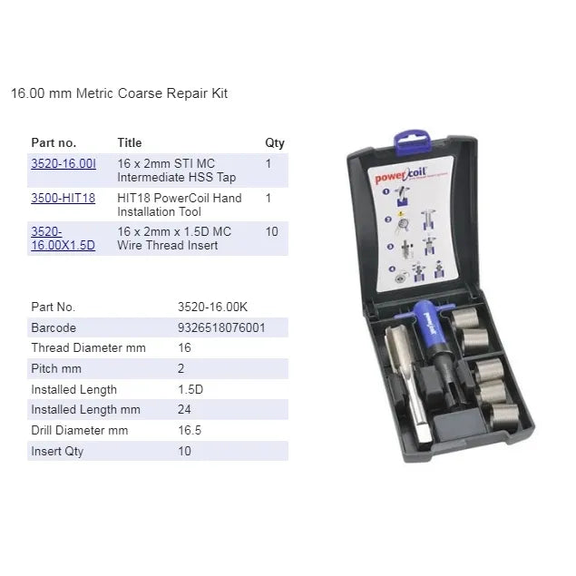 Thread Repair Kit M16 X 2 Pitch Mc PowerCoil Bordo 3520-16.00K - South East Clearance Centre