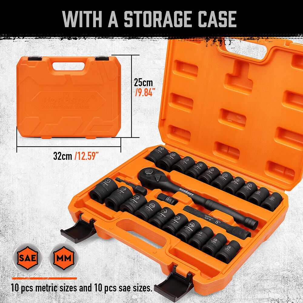 24 Pcs 1/2" Drive Impact Socket Set SAE Metric Extension Bar Ratchet - South East Clearance Centre