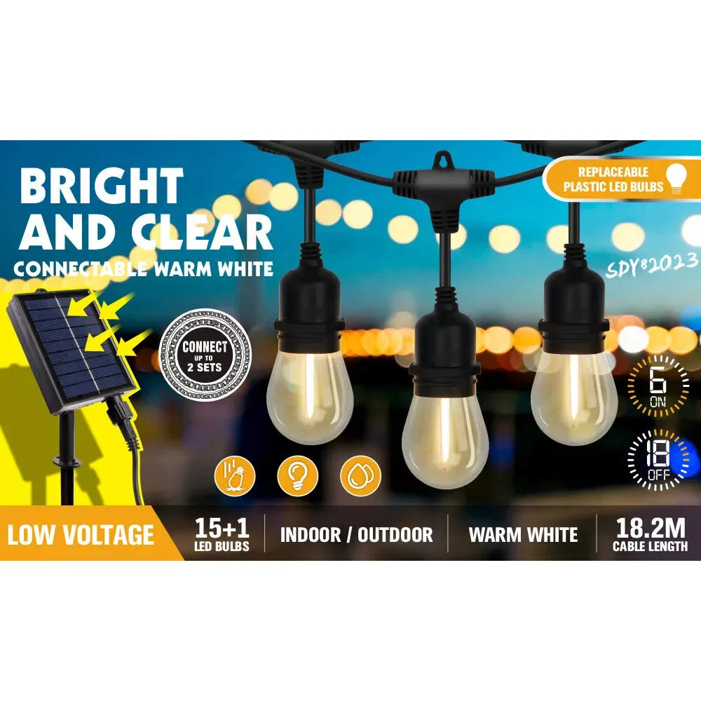 60FT 15LED Solar Powered Festoon String Light Outdoor Bulbs Xmas Wedding - South East Clearance Centre