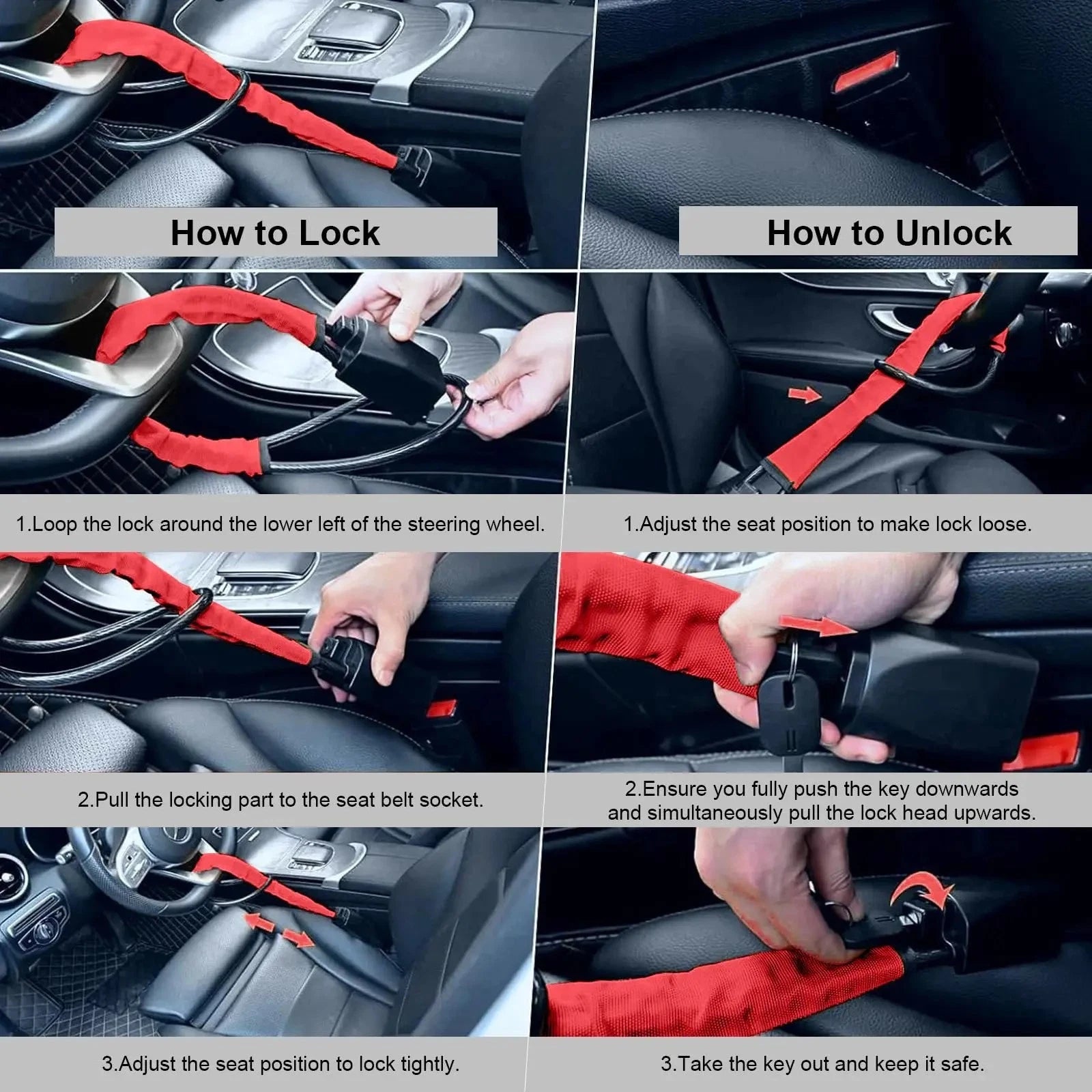 Universal Seat Belt Steering Wheel Lock Anti-Theft Car Van Security Lock with 3 Keys