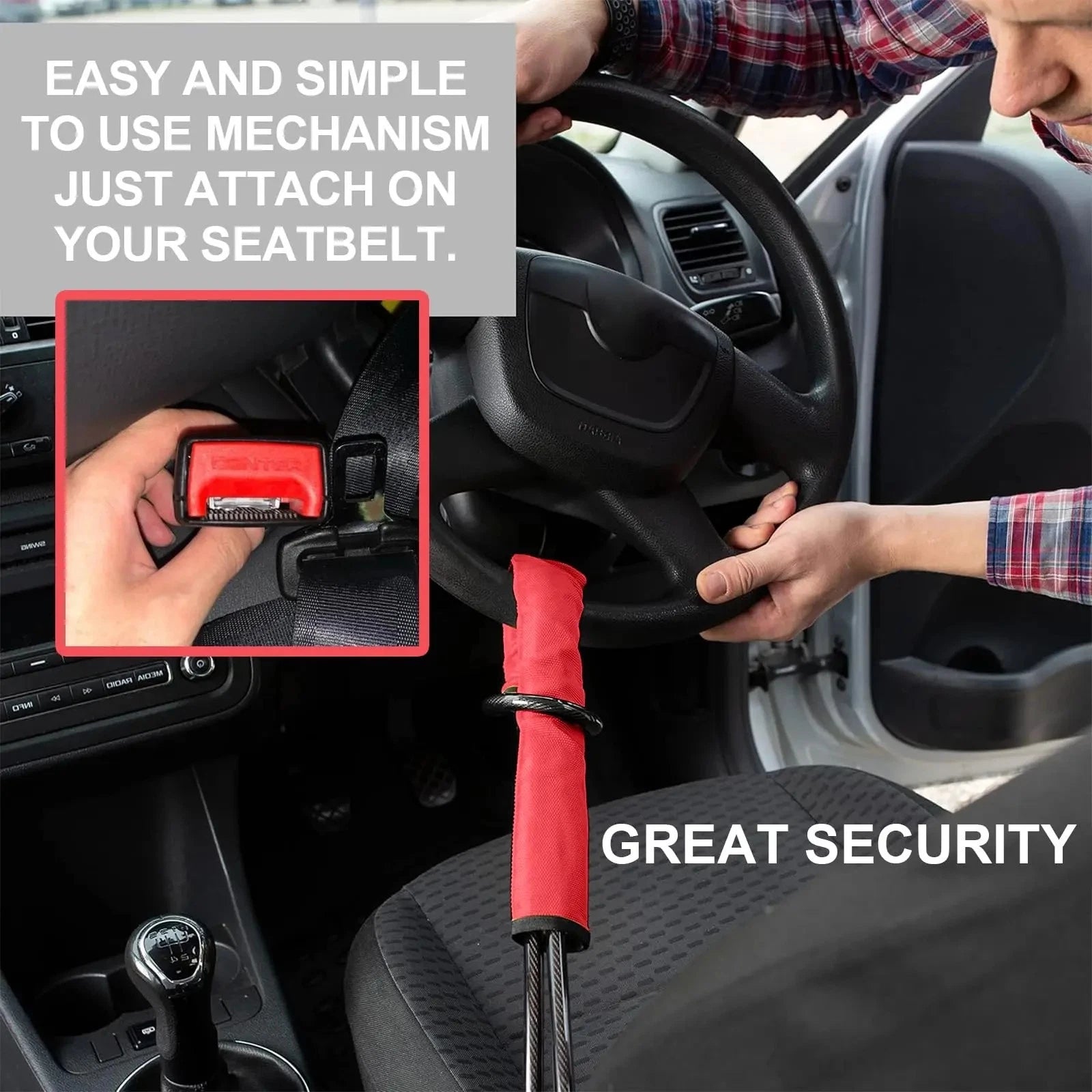 Universal Seat Belt Steering Wheel Lock Anti-Theft Car Van Security Lock with 3 Keys