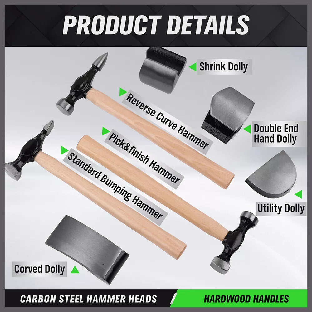 7 Piece Dolly Car Dent Dint Auto Body Panel Repair Tool Kit Wooden Handles Beating Hammers - South East Clearance Centre