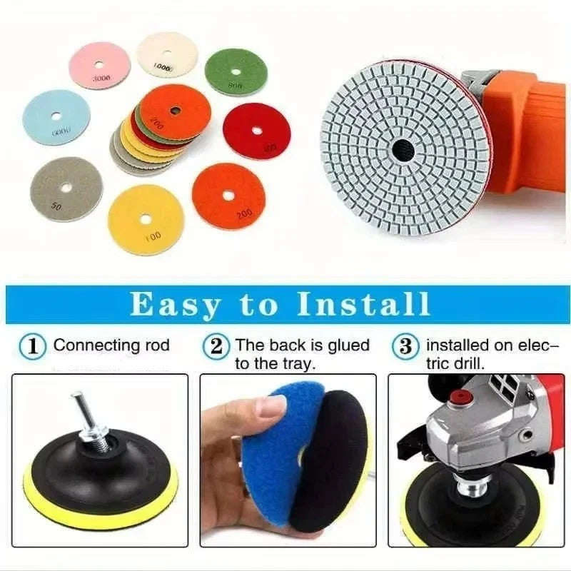 8 Piece 4" Diamond Polishing Pad Kit with M14 Backing Pad | Wet & Dry Stone Polishing Set (50–3000 Grit)