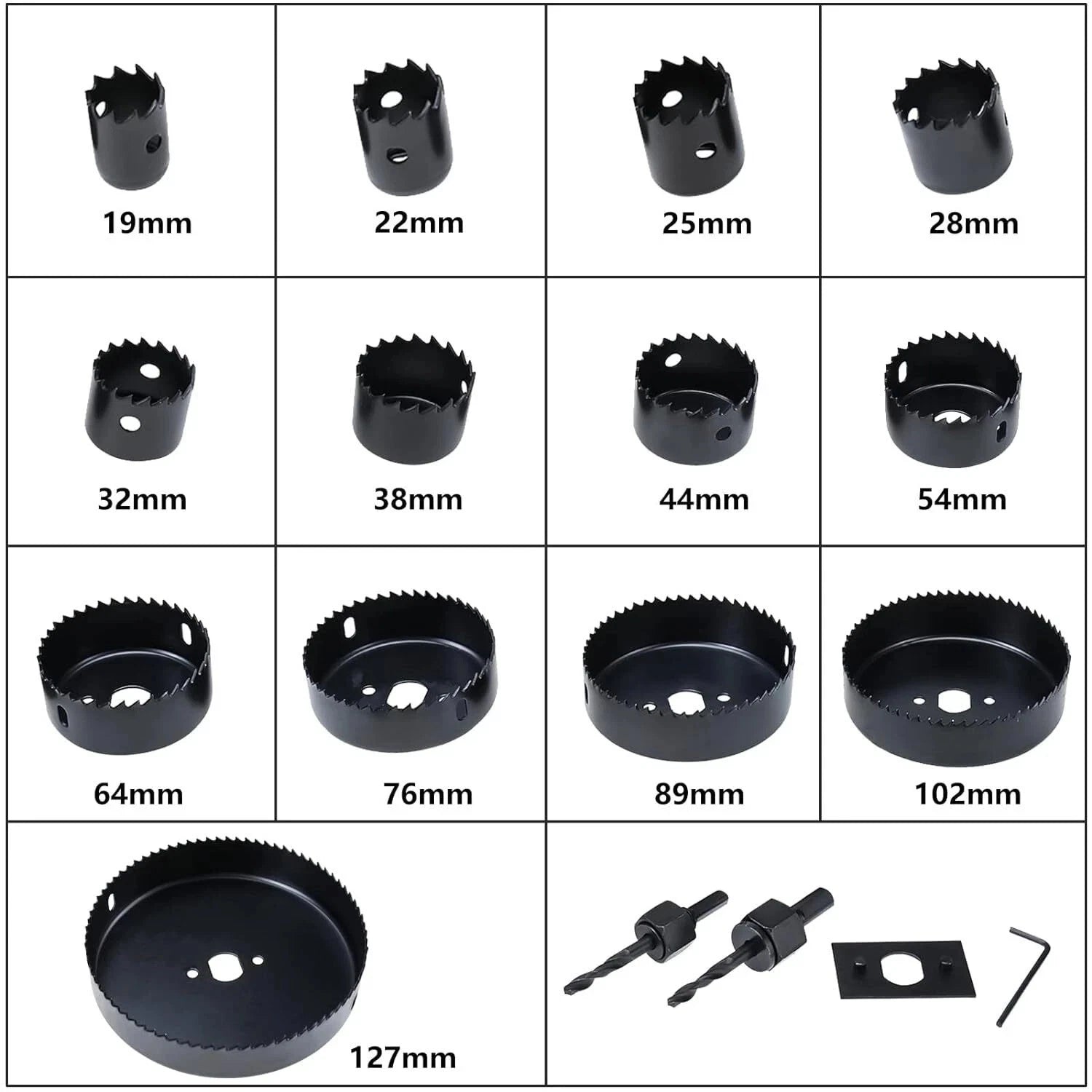 16-Piece Holesaw Set – 19mm to 127mm (Wood & Thin Sheet Metal)