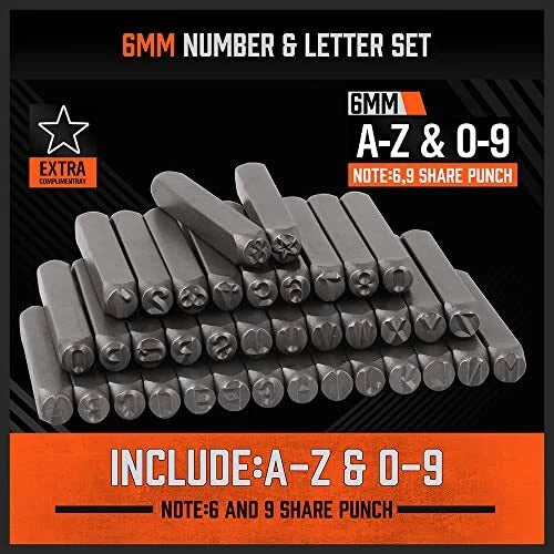 37-Piece Number and Letter Stamp Set 1/4 (6mm) (A-Z & 0-9 + Stars) - South East Clearance Centre