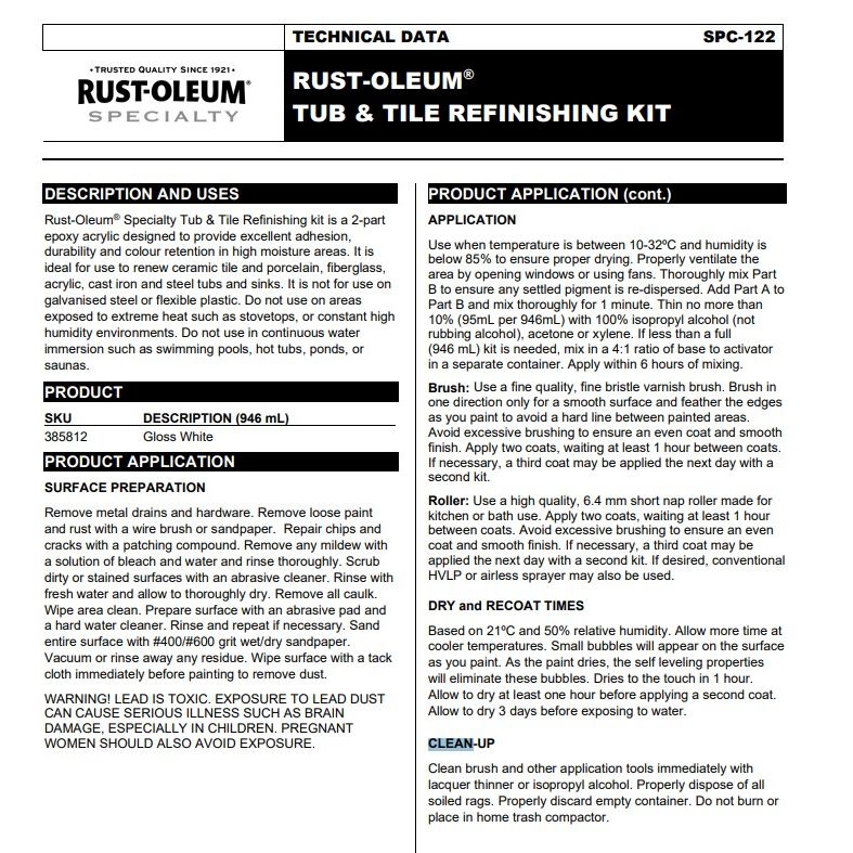 Rust-Oleum 385812STH Tub & Tile Refreshing Solutions South Bundle- Gloss White - South East Clearance Centre