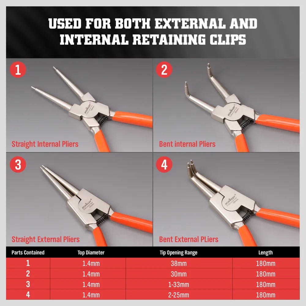4-Piece 7″ Circlip Pliers Set | Internal, External, Bent, Straight Snap - South East Clearance Centre