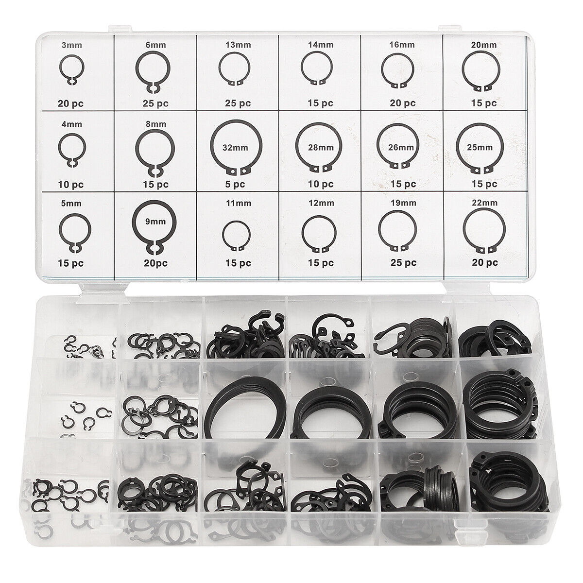 300pc 3-32mm 18 Metric Sizes External Circlip Snap Retaining Ring Assortment Kit - South East Clearance Centre