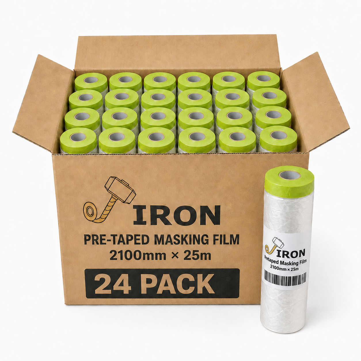 IRON Pre-Taped Painters Painting Masking Film 2100mm × 25m – Box of 24
