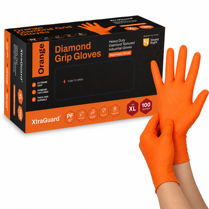Shield Right XtraGuard Orange Diamond Grip Gloves – Ultra-Tough Heavy-Duty Nitrile Gloves (Box of 100)